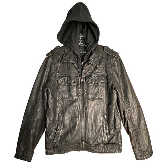 Black Rivet Leather Jacket GIII Mens SMALL Bomber Removable Hood MSRP $600 - Picture 3 of 16